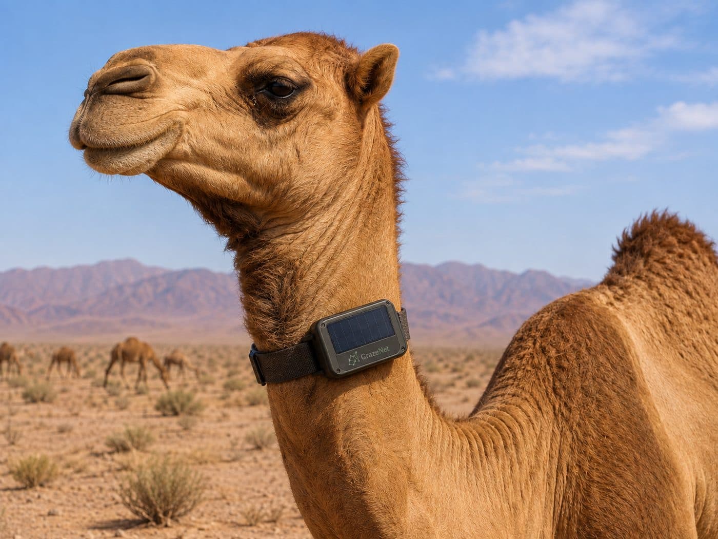 A GrazeNet collar on a camel in open desert, the rest of the herd grazing behind.